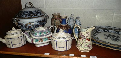 Lot 408 - A large ironstone tureen and two platters, a pair of figures, Yorkshire teapot and sucrier, a...