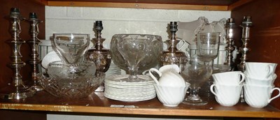 Lot 412 - # Shelf including three pairs of silver plated table lamps, white Wedgwood tea wares, cut glass...