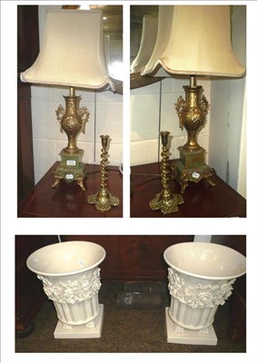 Lot 417 - # A pair of decorative gilt metal and onyx lamps, a pair of brass candlesticks and a pair of...