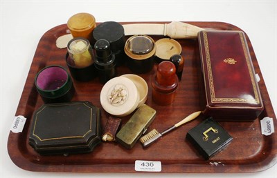 Lot 436 - A Japanese ivory circular box and cover, travelling moustache brush, brooch box, leather box, treen