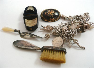 Lot 461 - A moustache brush, silver charm bracelet, pique work bracelet etc