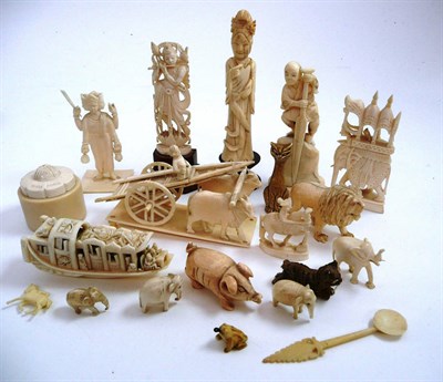 Lot 467 - An early 20th century carved ivory model of a pleasure boat, a small okimono, assorted Indian...