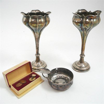 Lot 470 - A French wine taster, pair of silver vases and a pair of gold plated cufflinks