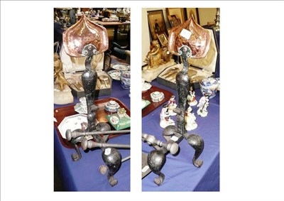 Lot 491 - Pair of Art Nouveau fire dogs, three piece companion set and dress sword