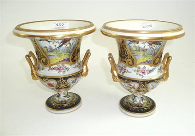 Lot 497 - # A pair of French porcelain campana vases in English style, painted with exotic birds in...