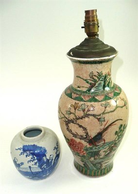 Lot 536 - Chinese crackle glaze table lamp and a blue and white vase