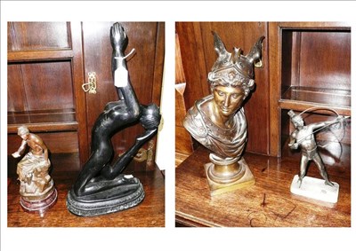 Lot 547 - A bronze bust of Mercury and three spelter figures (4)