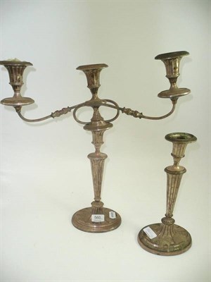 Lot 560 - A pair of Old Sheffield plate Neo-Classical candlesticks and one three light adaptor light