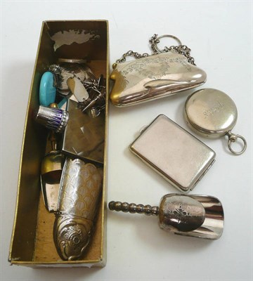 Lot 567 - # Box of assorted silver and plate, plated compass, purse, silver scent bottle, thimble etc