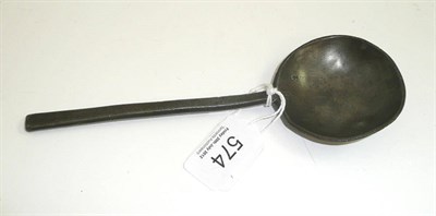 Lot 574 - A pewter slip top spoon, 17th century, the circular bowl with RA touch mark and EB owner's...