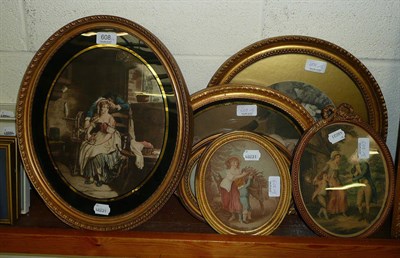 Lot 608 - Six small oval pictures in gilt frames, various themes and a small gilt round picture of...