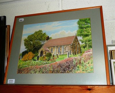 Lot 614 - Framed watercolour 'All Saints Church, Sockburn' by A M Alderson, 1990