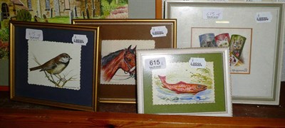 Lot 615 - Five framed small watercolours including bay hunter, fish etc, by D M and E M Alderson