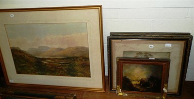 Lot 621 - G V Sheriff, large watercolour of a loch/valley landscape, three sporting/hunting prints and an oil