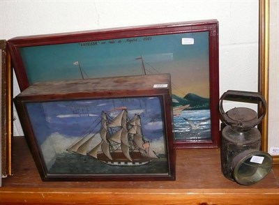 Lot 622 - Two glazed ship models, cased/framed and a metal lantern (3)