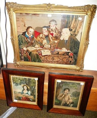 Lot 633 - Two rosewood framed prints 'The Shepherd Boy' and 'The Gleaner', also a gilt framed wool work...