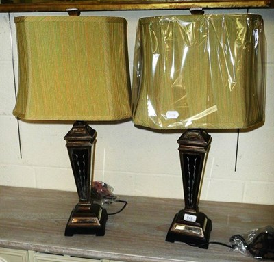 Lot 649 - Pair of mirrored table lamps with green shades