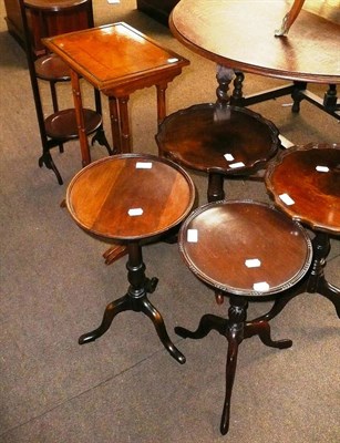 Lot 677 - # Four reproduction wine tables, nest of two walnut tables and a cake stand