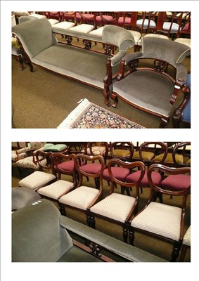 Lot 721 - An Edwardian upholstered chaise longue, the matching pair of tub chairs and five balloon back...