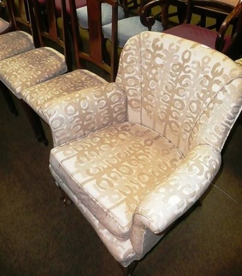 Lot 723 - # Three Edwardian inlaid mahogany chairs and a tub chair upholstered in matching fabric on claw and