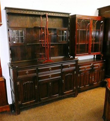 Lot 787 - Oak dresser and sideboard, a display cabinet and a cake stand