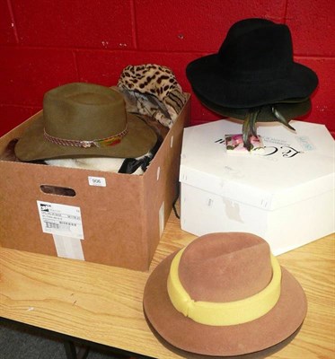 Lot 906 - # Assorted fur stoles, hats, Akubra style hats etc (two boxes)