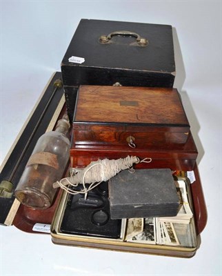 Lot 1 - Two cased sets of drawing instruments, cigarette cards, four plumb lines, rules etc