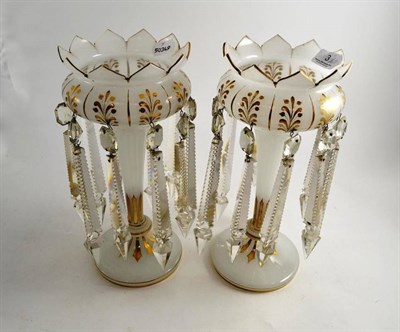 Lot 3 - A pair of Victorian white opaque glass drop lustres each of tapering form decorated in gilt