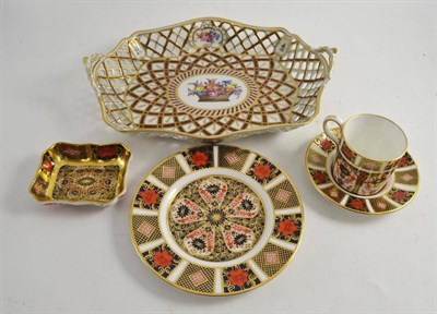 Lot 7 - Dresden two-handled pierced dish, Royal Crown Derby Imari pattern coffee cup and saucer, side plate