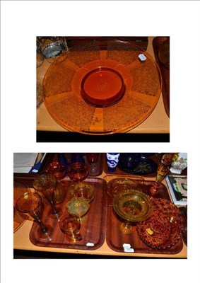 Lot 11 - Fourteen assorted pieces of amber tinted glass, mostly early 20th century, including a pressed...