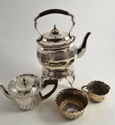 Lot 13 - A Victorian silver three piece breakfast service, HW, Sheffield 1895, and a silver plated kettle on