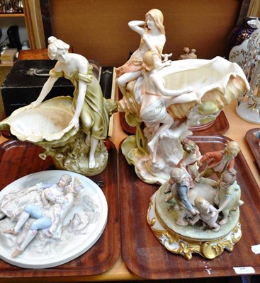 Lot 24 - Two Royal Dux style figural centrepieces, a Continental bisque figural wall plaque and a...