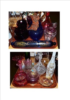 Lot 35 - Two trays of coloured glass including cranberry, Bristol blue, amethyst glass rinsers,...