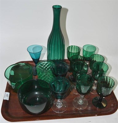 Lot 40 - A quantity of emerald green glass including eleven wine glasses, decanter and circular bowl