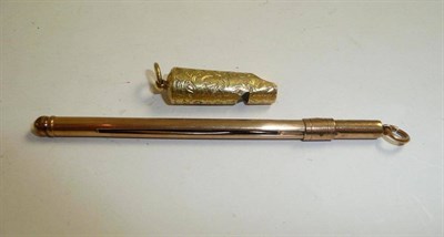 Lot 48 - A 9ct gold cocktail stirrer and a whistle stamped '9CT' with chased decoration