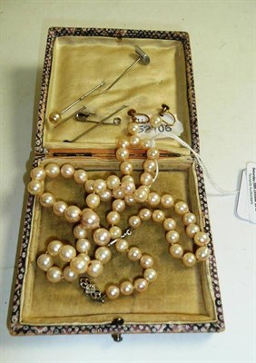 Lot 49 - A pair of cultured pearl earrings, a cultured pearl necklace and stick pins