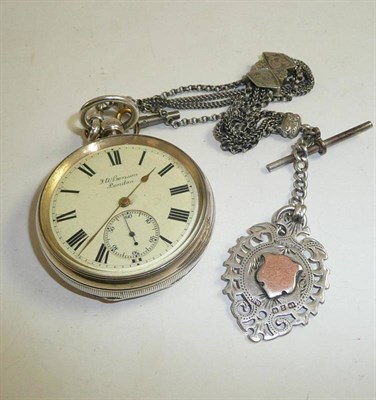 Lot 51 - A Victorian silver open faced pocket watch, signed Benson, with an Albert chain