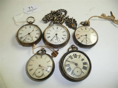Lot 71 - Five silver pocket watches and a chain