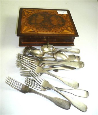 Lot 72 - A collection of assorted Georgian and later silver flatware and an inlaid wooden box