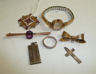Lot 80 - An Edwardian seed pearl set pendant, an amethyst bar brooch, a bow brooch, silver pieces and a...