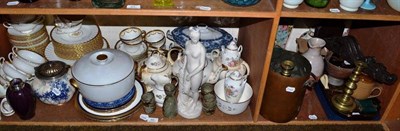 Lot 92 - Two shelves of ceramics including Mintons dinner service, biscuit barrel, plates, Parian...