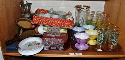 Lot 106 - A shelf containing a baby plate stamped Shelley, Maling ware, set of six Royal Albert tea set,...