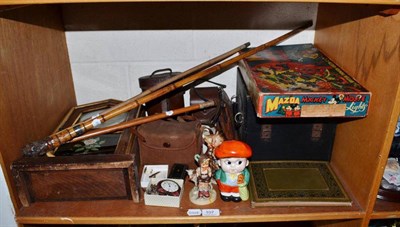 Lot 107 - Quantity of ornamental items including an American shelf clock, a boxed set of Mazda Mickey...
