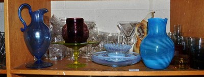 Lot 110 - Shelf of cut glass and coloured glass including opaque dish moulded with pine cones, Bavarian...