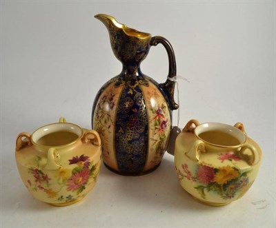 Lot 117 - A pair of Royal Worcester blush ivory and floral painted vases together with a blue and gilt...