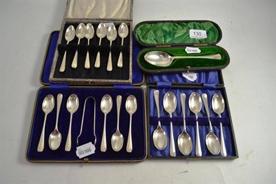 Lot 130 - Three cased sets of silver teaspoons and a silver Christening spoon