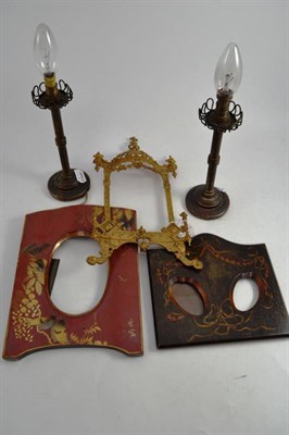 Lot 162 - A Victorian gilt metal photo frame, two decorated wooden photo frames and a pair of brass dwarf...