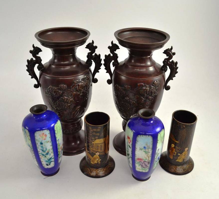 Lot 164 - A pair of Japanese twin handled vases, a pair of cloisonné blue ground vases (a.f.) and a...