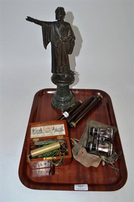 Lot 167 - A wooden flute, pair of opera glasses, electrostatic shock machine and a bronze figure (a.f.)