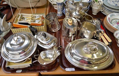 Lot 176 - Two trays of silver plated items including entree dishes, tea sets etc